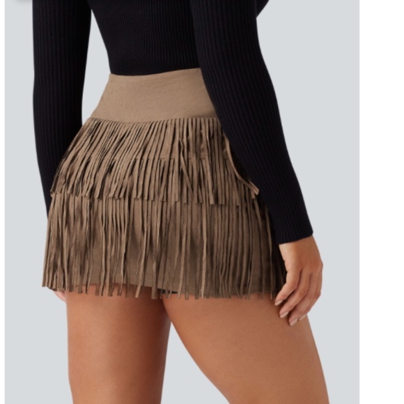 Crossover High Waisted 2-in-1 Fringe Hem Bodycon Mini Suede Party Skirt - Picture 4 of 8